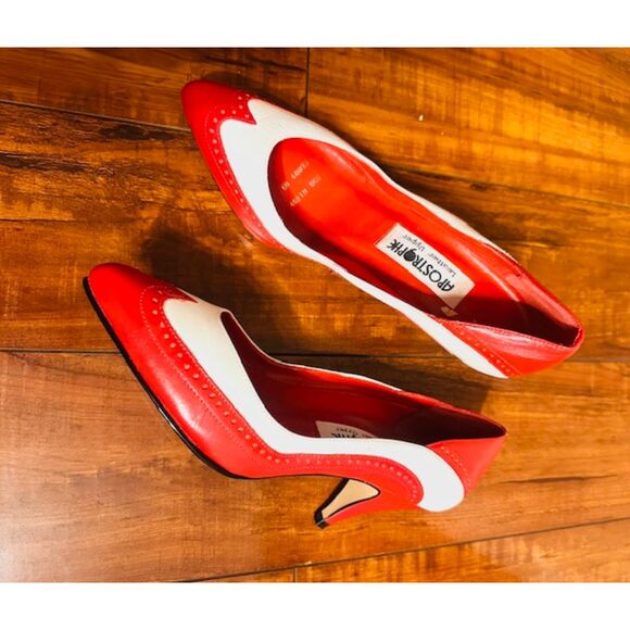 Apostrophe Shelby Vintage 1960's Leather Brazil Red-White Wingtip Heels Shoes 6B - Picture 5 of 7